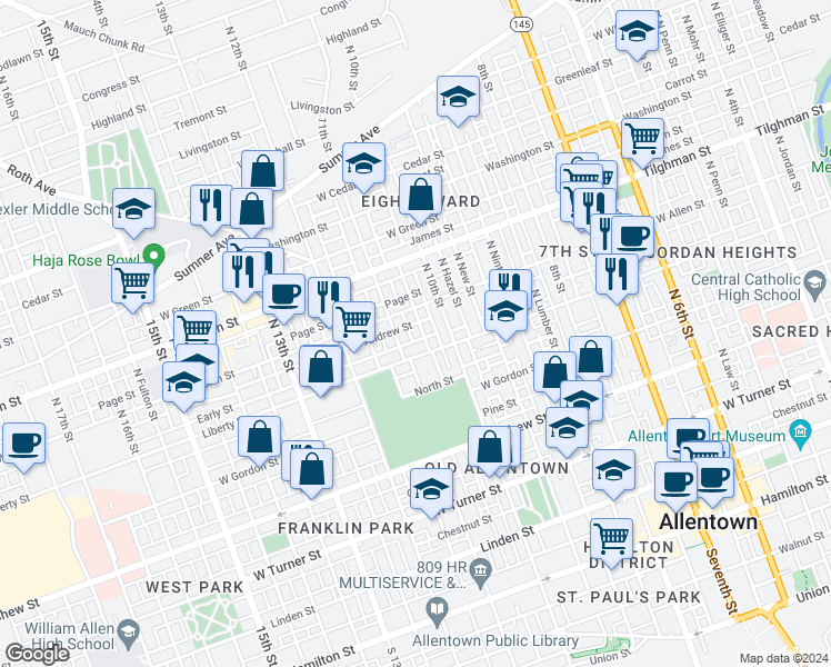 map of restaurants, bars, coffee shops, grocery stores, and more near 520 North Howard Street in Allentown