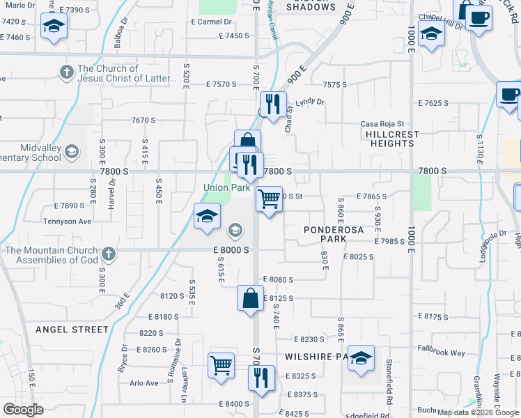 map of restaurants, bars, coffee shops, grocery stores, and more near 7869 South 700 East in Sandy