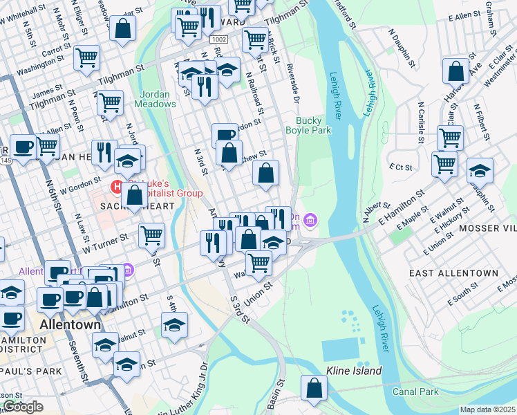 map of restaurants, bars, coffee shops, grocery stores, and more near 156 Chestnut Street in Allentown