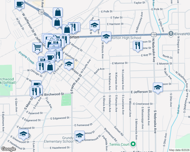 map of restaurants, bars, coffee shops, grocery stores, and more near 132 Rassi Avenue in Morton