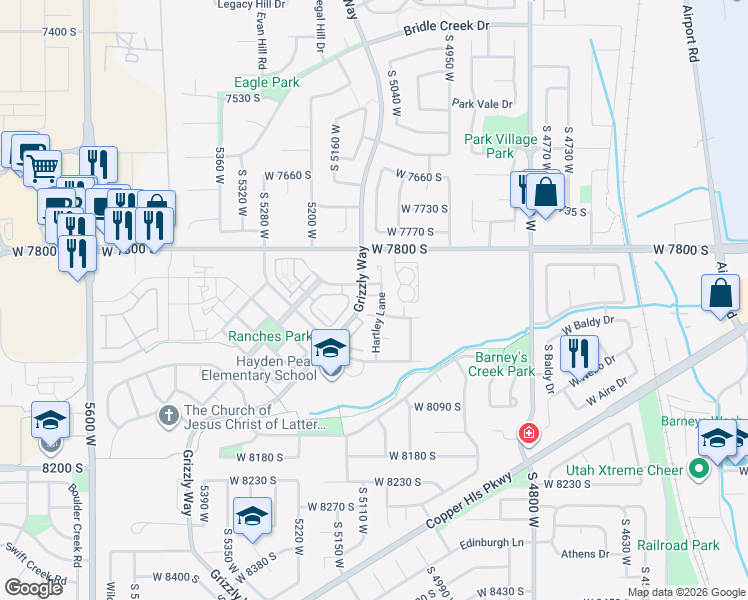 map of restaurants, bars, coffee shops, grocery stores, and more near 5098 West 7870 South in West Jordan