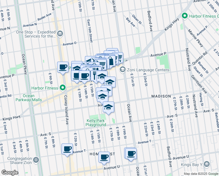 map of restaurants, bars, coffee shops, grocery stores, and more near 1719 East 17th Street in Brooklyn