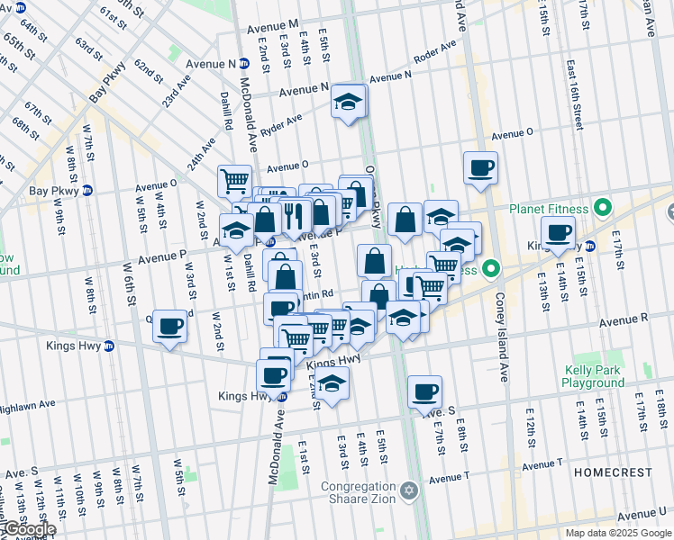 map of restaurants, bars, coffee shops, grocery stores, and more near 1739 East 4th Street in Brooklyn