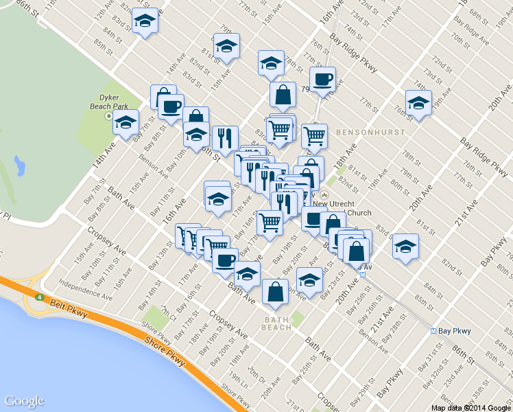 map of restaurants, bars, coffee shops, grocery stores, and more near 8627 17th Avenue in Brooklyn