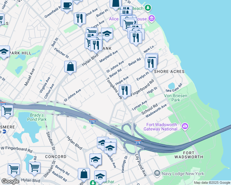 map of restaurants, bars, coffee shops, grocery stores, and more near 750 Tompkins Avenue in Staten Island