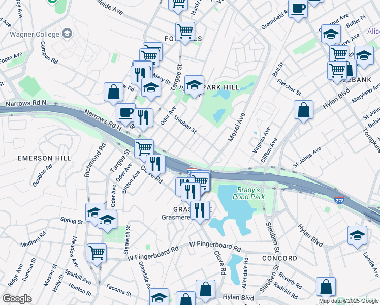 map of restaurants, bars, coffee shops, grocery stores, and more near 179A Pierce Street in Staten Island