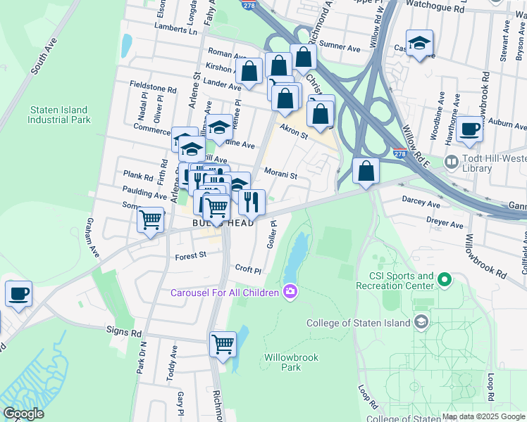 map of restaurants, bars, coffee shops, grocery stores, and more near 74 Gary Court in Staten Island