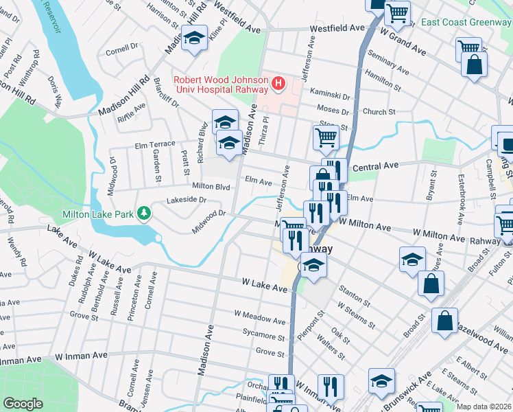 map of restaurants, bars, coffee shops, grocery stores, and more near 709 West Milton Avenue in Rahway