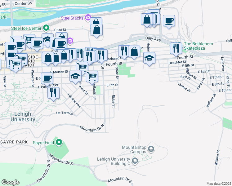 map of restaurants, bars, coffee shops, grocery stores, and more near 619 Ridge Street in Bethlehem