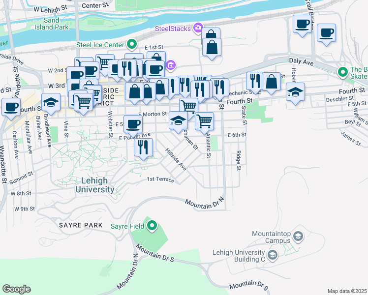 map of restaurants, bars, coffee shops, grocery stores, and more near 612 Buchanan Street in Bethlehem