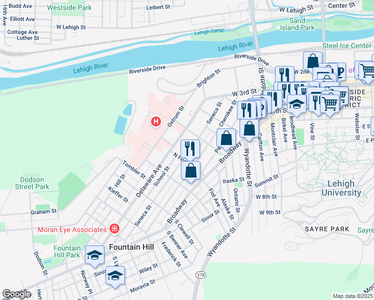 map of restaurants, bars, coffee shops, grocery stores, and more near 725 Seneca Street in Fountain Hill