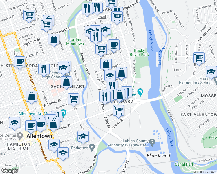 map of restaurants, bars, coffee shops, grocery stores, and more near 137 North 2nd Street in Allentown