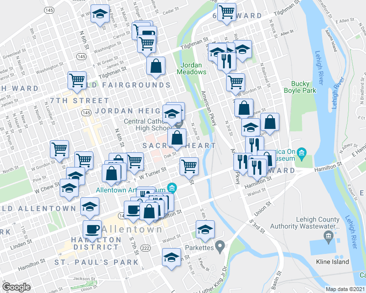 map of restaurants, bars, coffee shops, grocery stores, and more near 235 North Elliger Street in Allentown