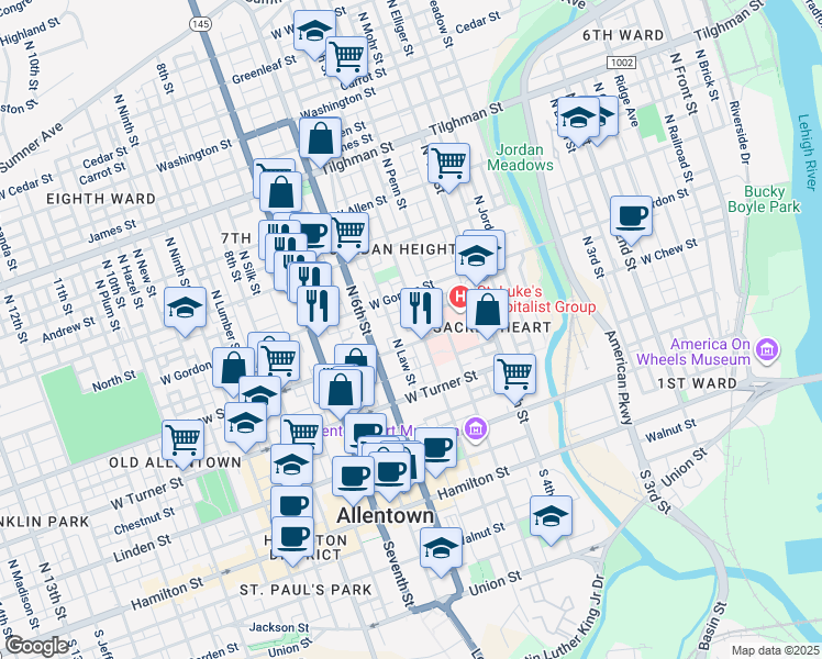 map of restaurants, bars, coffee shops, grocery stores, and more near 323 North Law Street in Allentown