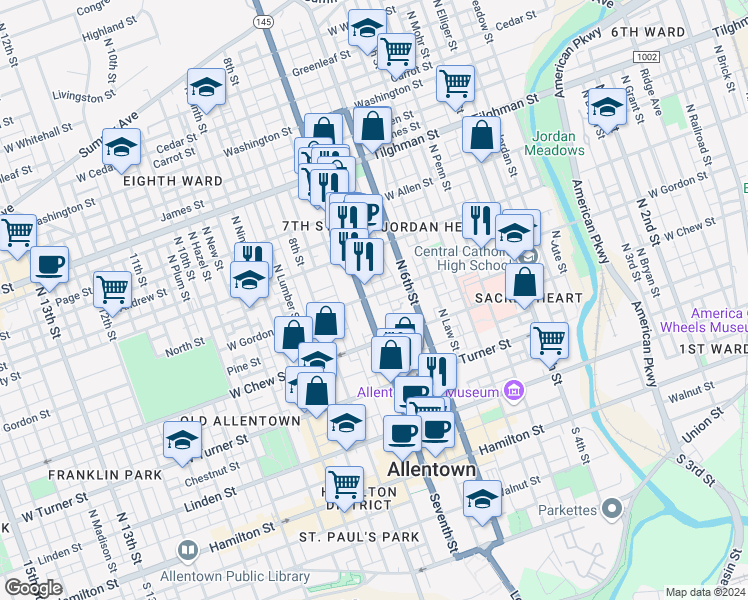 map of restaurants, bars, coffee shops, grocery stores, and more near in Allentown