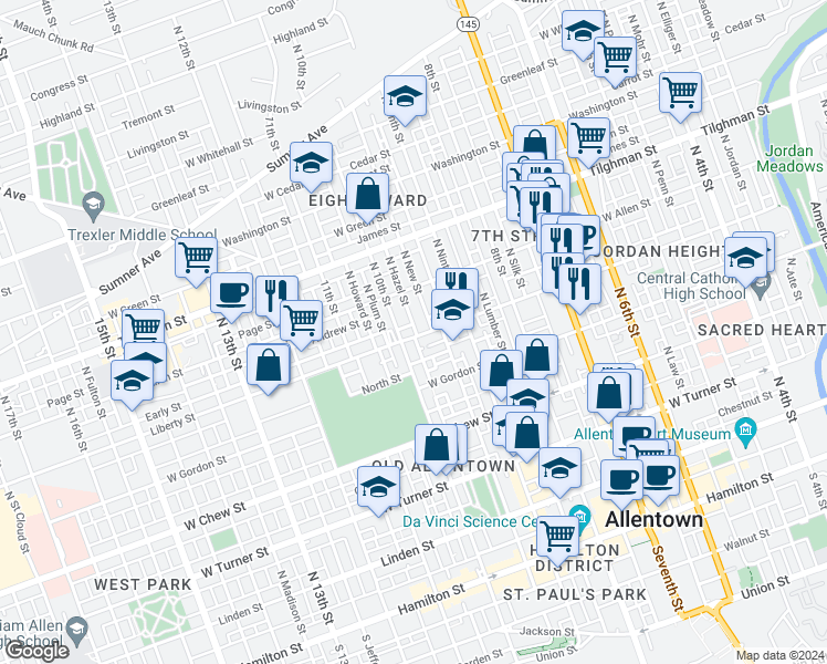 map of restaurants, bars, coffee shops, grocery stores, and more near 945 Liberty Street in Allentown