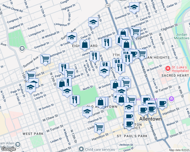 map of restaurants, bars, coffee shops, grocery stores, and more near 520 North 10th Street in Allentown