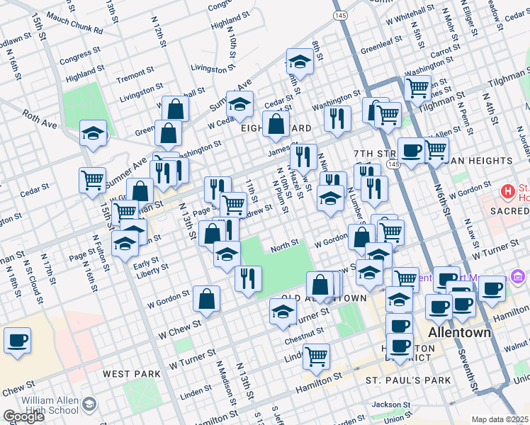 map of restaurants, bars, coffee shops, grocery stores, and more near 530 North Howard Street in Allentown