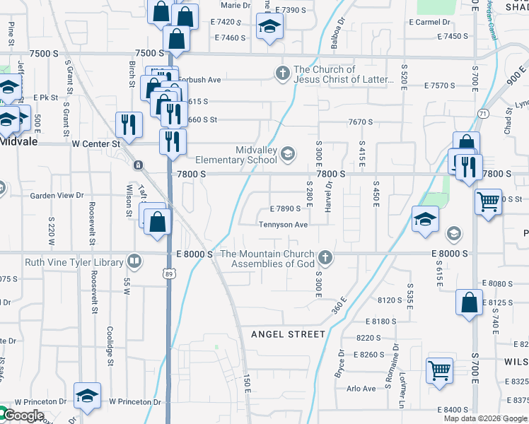 map of restaurants, bars, coffee shops, grocery stores, and more near 7899 South Brady Lane in Sandy