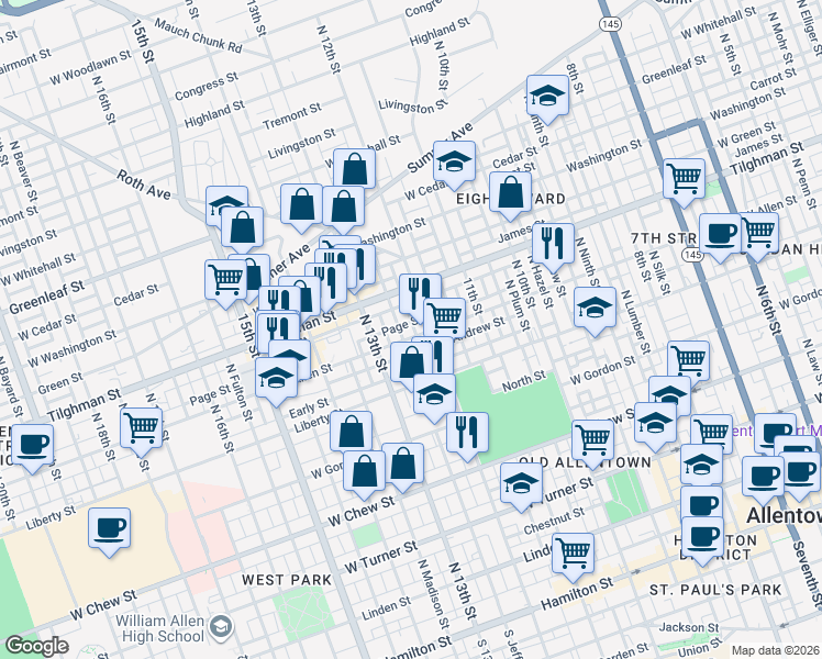 map of restaurants, bars, coffee shops, grocery stores, and more near 612 North 12th Street in Allentown