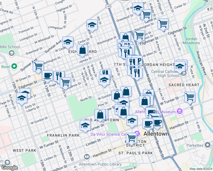 map of restaurants, bars, coffee shops, grocery stores, and more near 440 North Ninth Street in Allentown
