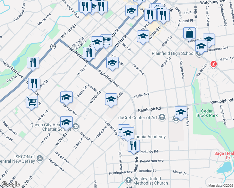 map of restaurants, bars, coffee shops, grocery stores, and more near 614 West 8th Street in Plainfield