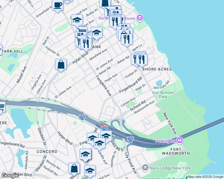 map of restaurants, bars, coffee shops, grocery stores, and more near 23 Wilton Court in Staten Island