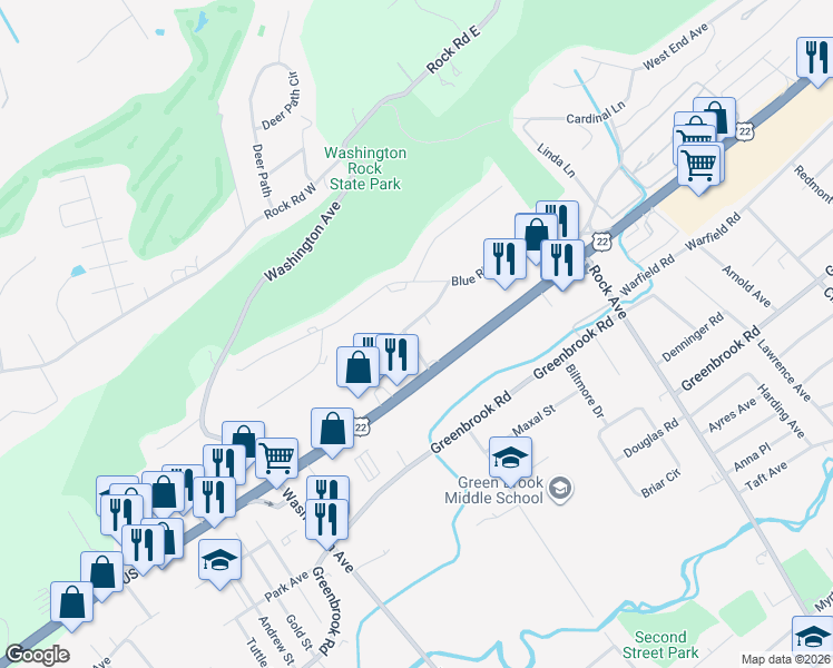 map of restaurants, bars, coffee shops, grocery stores, and more near 35 Blue Ridge Avenue in Green Brook Township