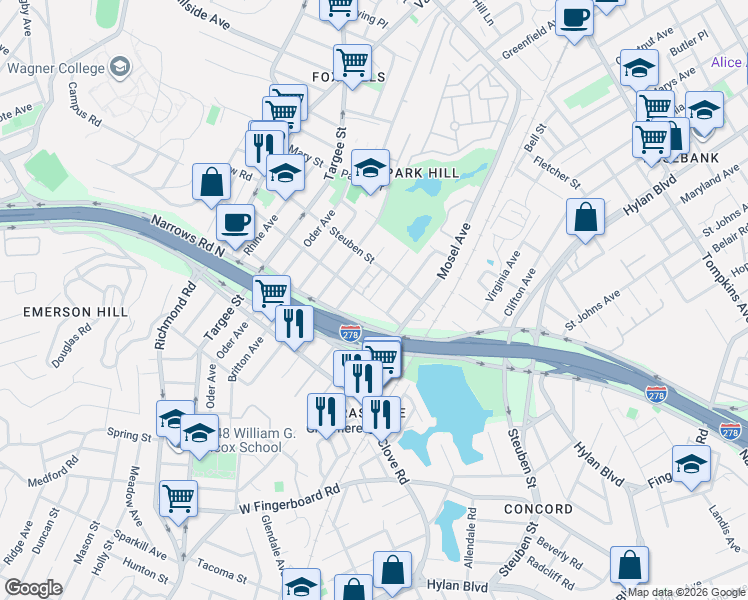 map of restaurants, bars, coffee shops, grocery stores, and more near 179A Pierce Street in Staten Island