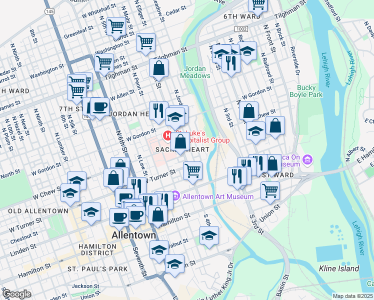 map of restaurants, bars, coffee shops, grocery stores, and more near 235 North 4th Street in Allentown