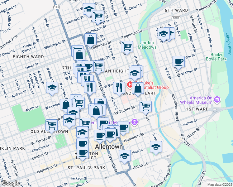 map of restaurants, bars, coffee shops, grocery stores, and more near 323 North Law Street in Allentown