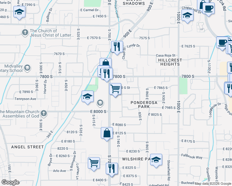 map of restaurants, bars, coffee shops, grocery stores, and more near 7869 South 700 East in Sandy
