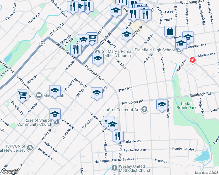 map of restaurants, bars, coffee shops, grocery stores, and more near 601 West 8th Street in Plainfield