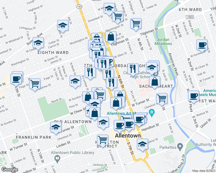 map of restaurants, bars, coffee shops, grocery stores, and more near N 7th St & W Gordon St in Allentown