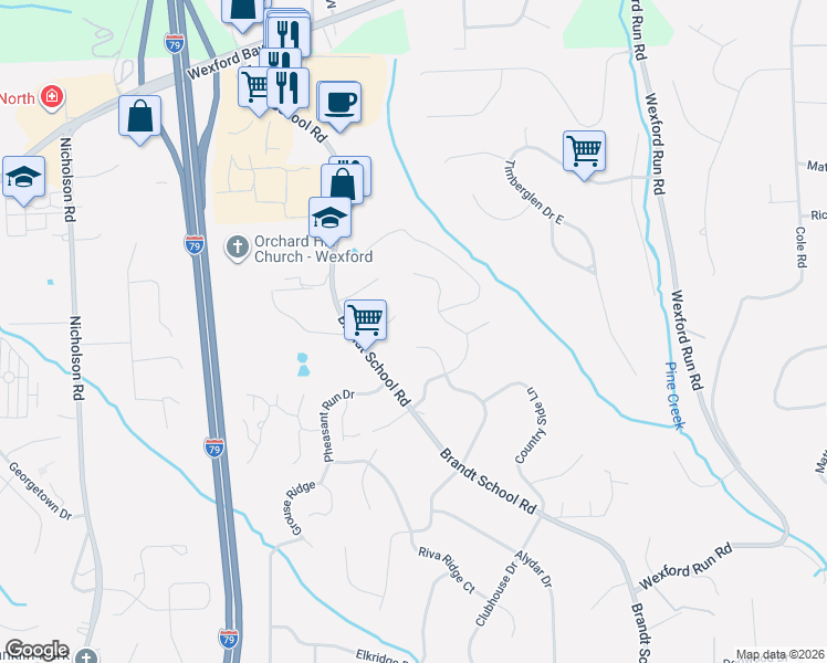 map of restaurants, bars, coffee shops, grocery stores, and more near 2554 Shellburne Dr in Wexford