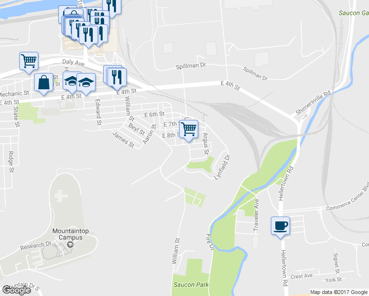 map of restaurants, bars, coffee shops, grocery stores, and more near 1550 East 9th Street in Bethlehem