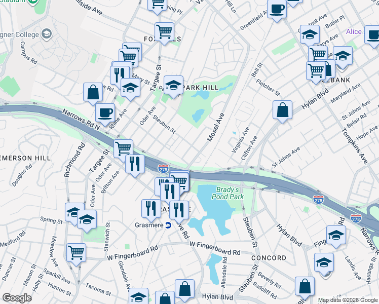 map of restaurants, bars, coffee shops, grocery stores, and more near 687A Elbe Avenue in Staten Island