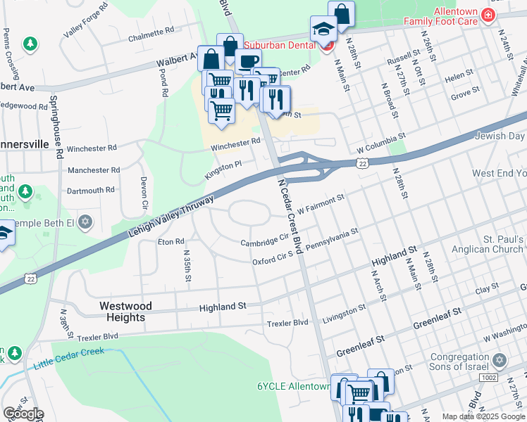 map of restaurants, bars, coffee shops, grocery stores, and more near 3204 Aberdeen Circle in Allentown