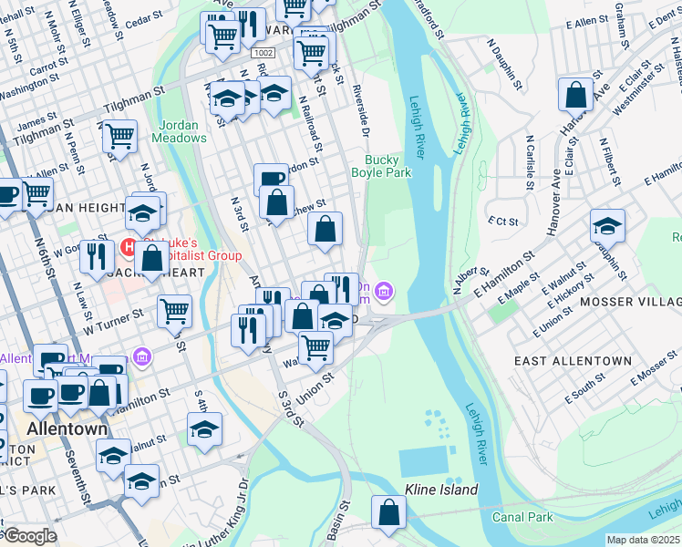 map of restaurants, bars, coffee shops, grocery stores, and more near 109 Ridge Avenue in Allentown