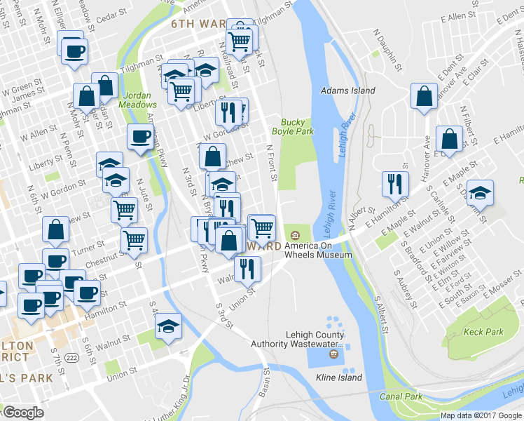 map of restaurants, bars, coffee shops, grocery stores, and more near 109 Ridge Avenue in Allentown