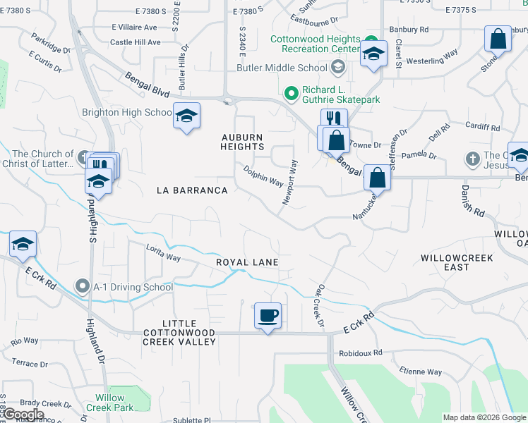 map of restaurants, bars, coffee shops, grocery stores, and more near East Nantucket Drive in Cottonwood Heights