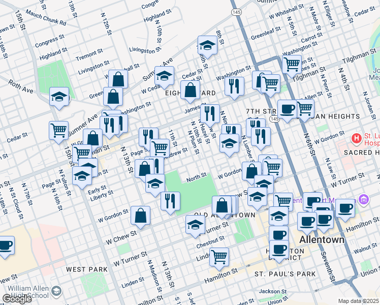 map of restaurants, bars, coffee shops, grocery stores, and more near 520 North Howard Street in Allentown