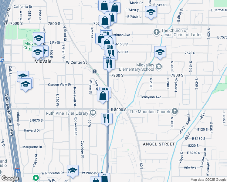 map of restaurants, bars, coffee shops, grocery stores, and more near 32 Autumn Station Way in Midvale