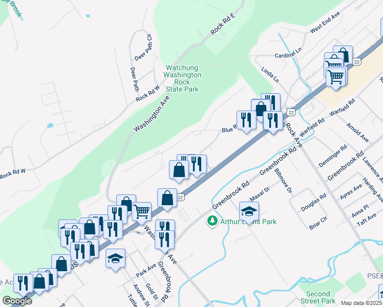 map of restaurants, bars, coffee shops, grocery stores, and more near 38 Blue Ridge Avenue in Green Brook Township