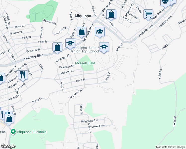 map of restaurants, bars, coffee shops, grocery stores, and more near 1109 Main Street in Aliquippa