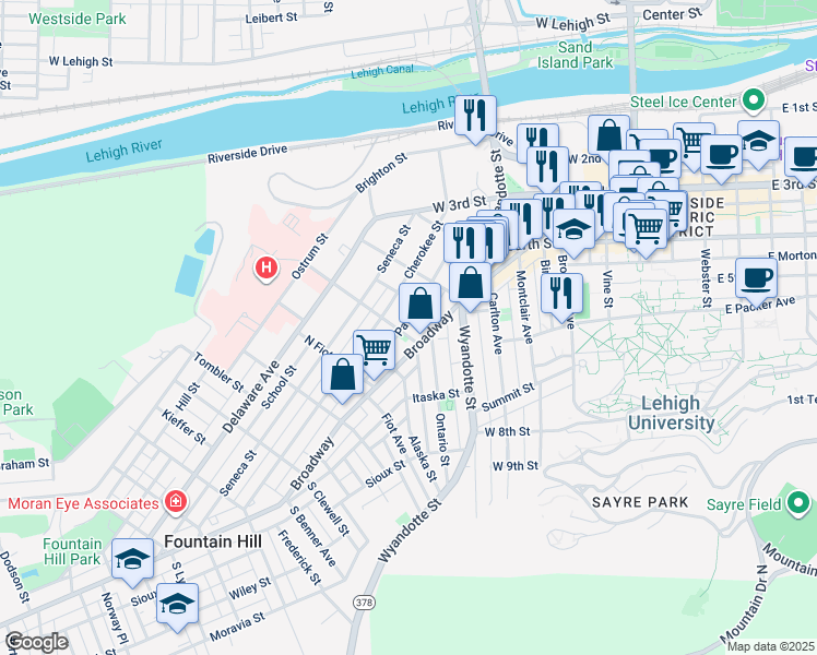 map of restaurants, bars, coffee shops, grocery stores, and more near 625 Pawnee Street in Bethlehem