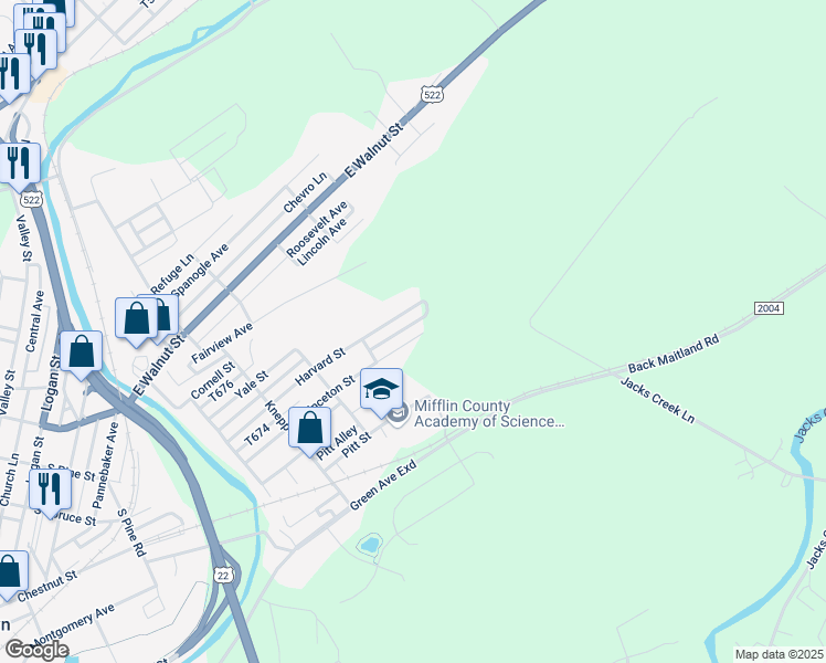 map of restaurants, bars, coffee shops, grocery stores, and more near 721 Princeton Street in Lewistown