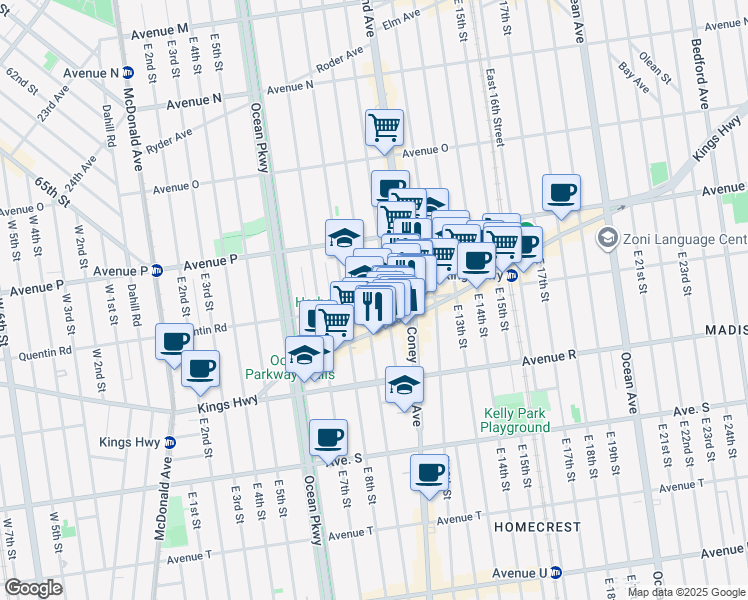 map of restaurants, bars, coffee shops, grocery stores, and more near 901 Quentin Road in Brooklyn