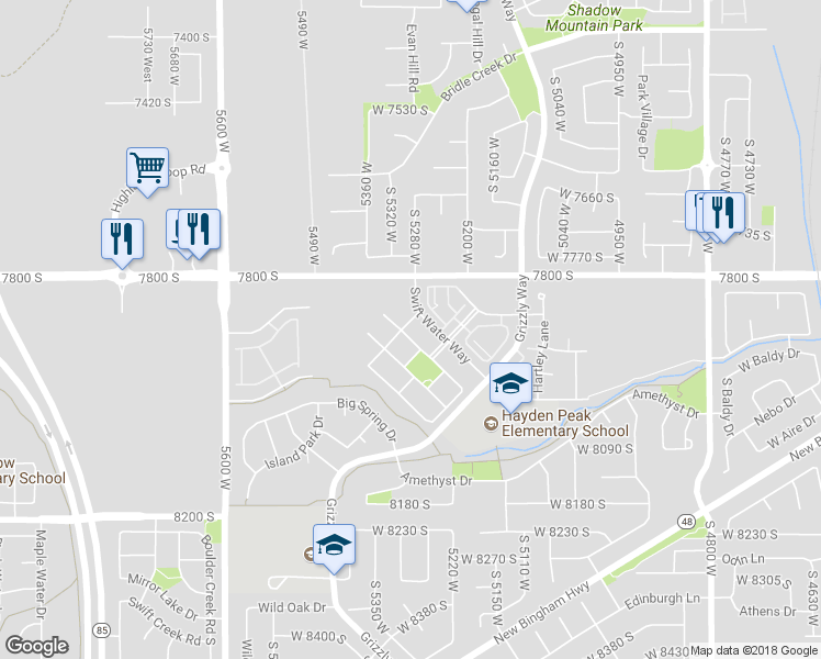 map of restaurants, bars, coffee shops, grocery stores, and more near 5302 Ranches Loop Road in West Jordan