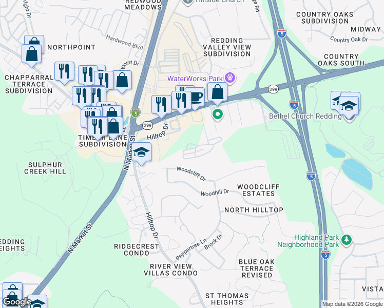 map of restaurants, bars, coffee shops, grocery stores, and more near 75 Erickson Way in Redding